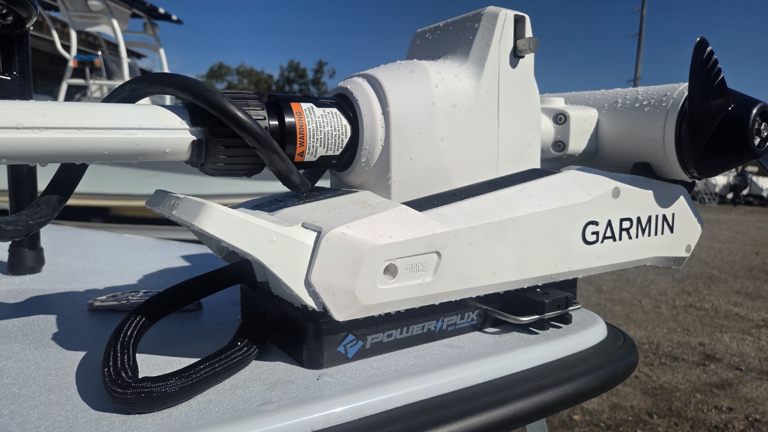The Garmin Kraken trolling motor secured in its Power-Pux mount.
