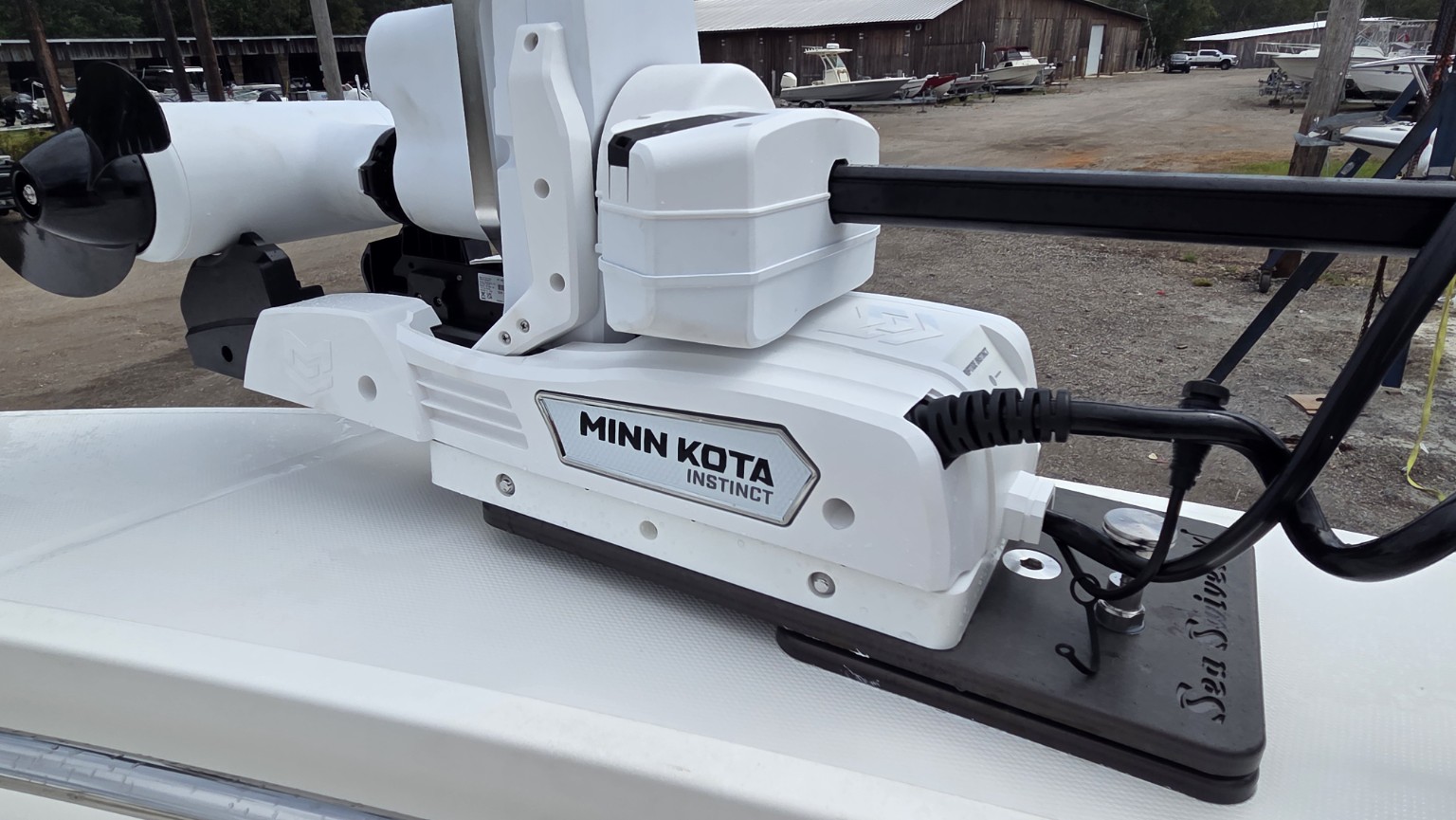 The 100-inch Minn Kota Riptide Instinct Quest brushless trolling motor on its Sea Swivel XL mount.