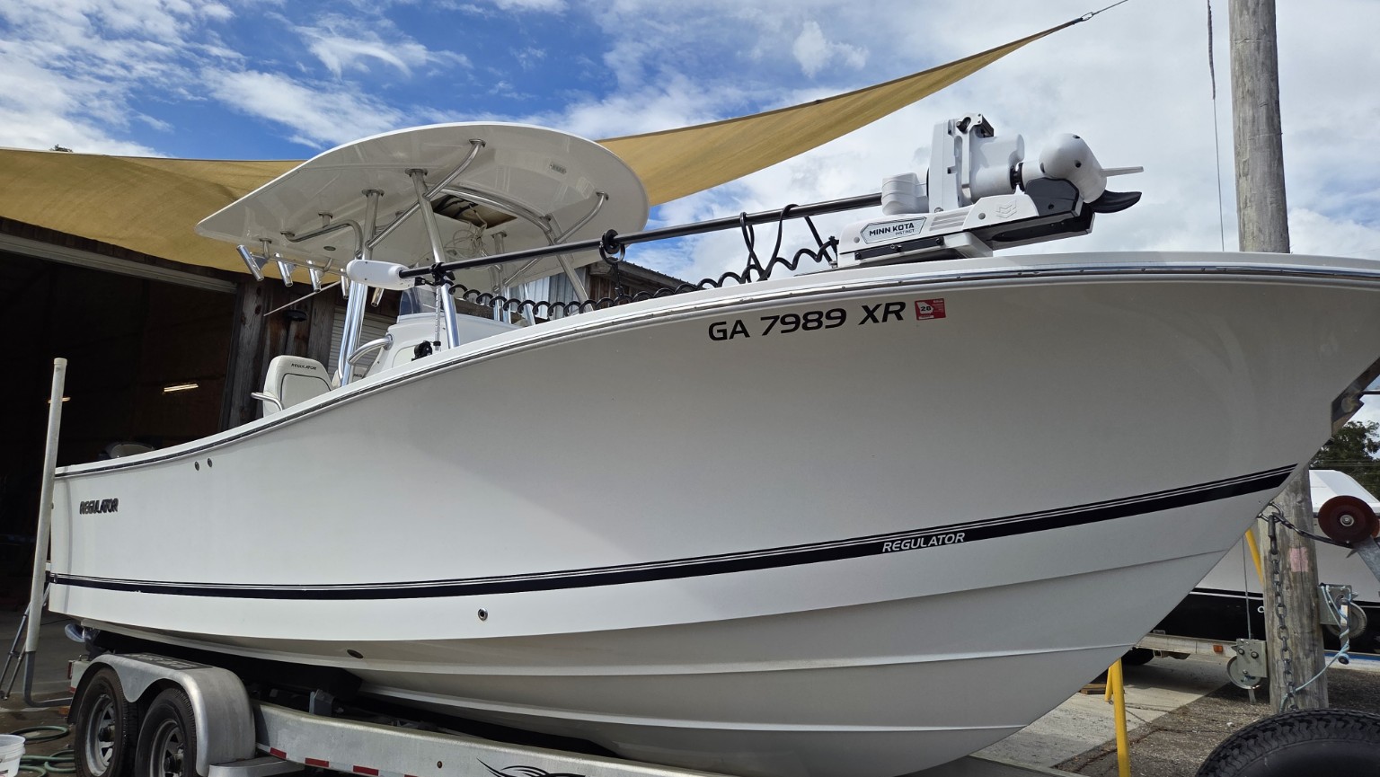 The customer’s 2016 Regulator 26, shown with the bow-mounted trolling motor installed.